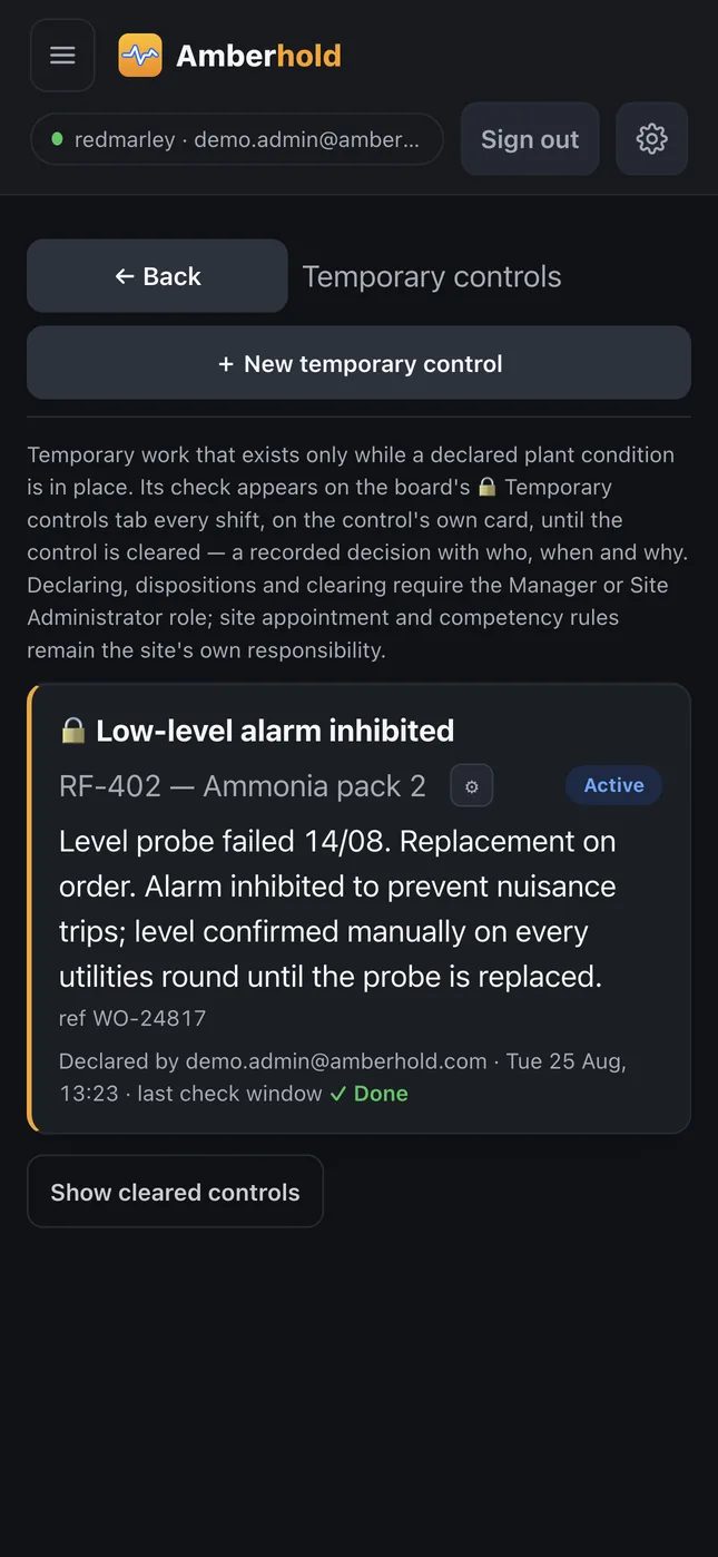 Temporary controls in the app: a declared control with its reason and last check